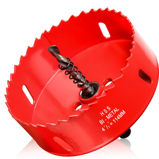 Picture of Hole Saw 4 1/2” (114mm) for Wood, HSS Bi-Metal Hole Cutter with Pilot Drill Bit for Recessed Lights, PVC Boards, Fiberglass and Vent Pipes