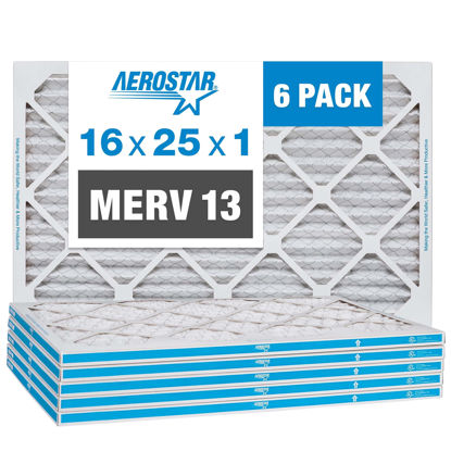 Picture of Aerostar 16x25x1 MERV 13 Pleated Air Filter, AC Furnace Air Filter, 6 Pack (Actual Size: 15 3/4" x 24 3/4" x 3/4")