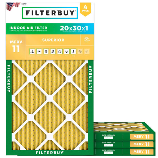 Picture of Filterbuy 20x30x1 Air Filter MERV 11 Allergen Defense (4-Pack), Pleated HVAC AC Furnace Air Filters Replacement (Actual Size: 19.63 x 29.63 x 0.75 Inches)
