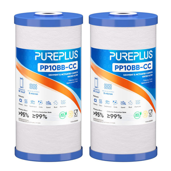 Picture of PUREPLUS 5 Micron 10" x 4.5" Whole House Sediment and Carbon Water Filter Replacement Cartridge for GE FXHTC, GXWH40L, GXWH35F, GNWH38S, Culligan RFC-BBSA, WRC25HD, PP10BB-CC, Pentek RFC-BB, 2Pack