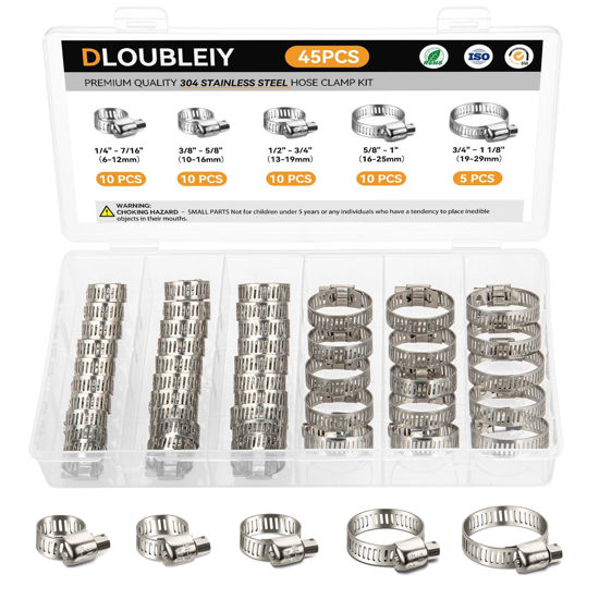 Picture of DLOUBLEIY 45PCS Hose Clamp Assortment Kit - Stainless Steel Hose Clamps with Worm Gear, Adjustable 1/4'' to 1-1/8'' (6-29mm) for Plumbing, Automotive, and Mechanical Applications