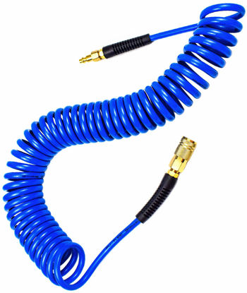 Picture of YOTOO Polyurethane Recoil Air Hose, Air Compressor Hose 1/4" Inner Diameter by 25' Long with Bend Restrictor, 1/4" Industrial Quick Coupler and Plug, Blue
