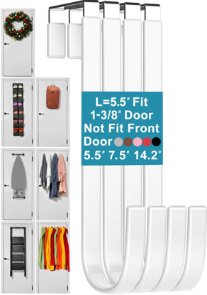 Picture of Over the Door Hooks Fit Interior Door up to 1 3/8" Optimal, Steel w/ Rubber Coating, Not for Front Door, for Hanging Towel Robe Hanger Bathroom Bunk Wreath Ironing Board Holder Cute 4pcs 5.5" White