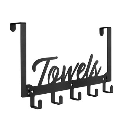 Picture of Azmoncy Over The Door Hooks, Towel Rack Towel Hooks for Bathroom, Towel Holder for Hanging Heavy Duty, Towel Hanger Over Door Hanger with 5 Coat Hooks for Bedroom Bathroom Kitchen, Black
