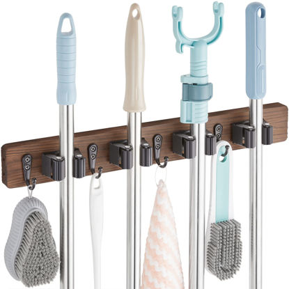 Picture of OUTNILI Mop and Broom Holder Wall Mount - Rustic Wood Broom Mop Hanger - Wall Mounted Garden Tool Rack Organizer for Closet Garage Laundry Room Kitchen Decor With 4 Slots & 4 Hooks