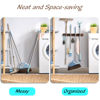 Picture of OUTNILI Mop and Broom Holder Wall Mount - Rustic Wood Broom Mop Hanger - Wall Mounted Garden Tool Rack Organizer for Closet Garage Laundry Room Kitchen Decor With 4 Slots & 4 Hooks