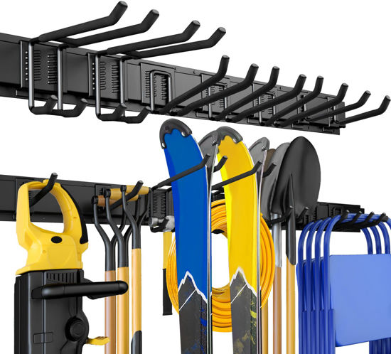 Picture of UUP Garage Storage, Garage Organization, Wall Mount Garden Tool Organizer 48 Inches, 440lbs Adjustable Heavy Duty Metal Hooks, Yard Shed Rack Holder System Hanging Rake Broom Mop Snowboard, Men Gift