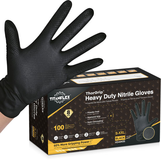 Picture of TitanFlex ThorGrip Heavy Duty Black Industrial Nitrile Gloves, 8-mil, Large, Box of 100, Latex Free, Raised Diamond Texture, Powder Free, Food Safe, Rubber Gloves, Mechanic Gloves