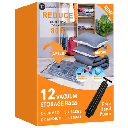 Picture of 12 Pack Vacuum Storage Bags (3 x Jumbo, 3 x Large, 3 x Medium, 3 x Small), Space Saver Sealer Compression Bags with Travel Hand Pump for Blankets, Comforters, Pillows, Clothes Storage