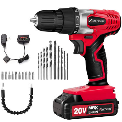 Picture of AVID POWER 20V MAX Lithium lon Cordless Drill Set, Power Drill Kit with Battery and Charger, 3/8-Inch Keyless Chuck, Variable Speed, 16 Position and 22pcs Drill Bits (Red)