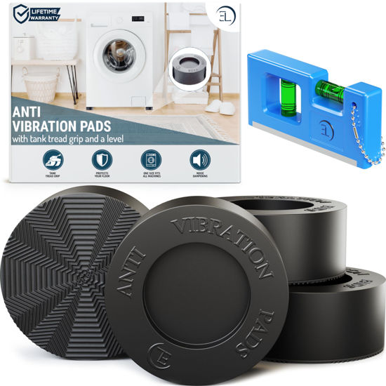 Picture of Anti Vibration Pads for Washing Machine - 4 Pads with Tank Tread Grip + Level - Washer Dryer Pedestals Fits All Machines - Noise Dampening, Protects Laundry Room Floor - Washing Machine Support