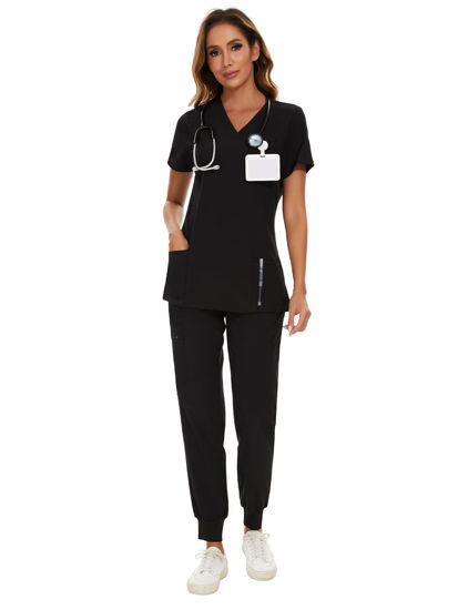 Picture of COZYFIT Scrubs for Women Set - Stretch V-Neck Scrub Top & Jogger Pant with 8 Pockets, Yoga Waistband, Anti Wrinkle, Slim Fit Women Scrubs