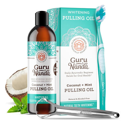 Picture of GuruNanda Whitening Pulling Oil with Coconut Oil & Peppermint Essential Oil for Natural Teeth Whitening, Fresh Breath, Alcohol Free Mouthwash (8 FlOz)