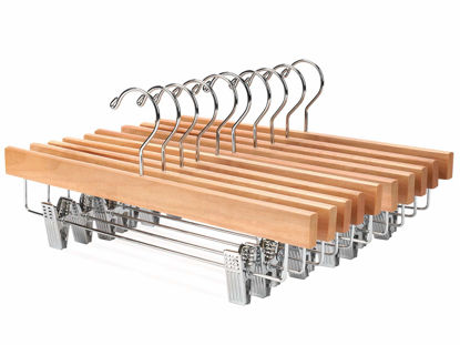 Picture of Nature Smile Solid Lotus Wood Deluxe Wooden Pants Hangers Bottom Hanger Jeans Hanger Skirt Hanger with 2-Adjustable Clips Anti-Rust Hook Pack of 10 (Natural)