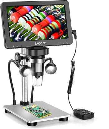 Picture of 7'' Digital Microscope 1200X,Dcorn 12MP 1080P Photo/Video Microscope for Adults Soldering Coins,Metal Stand,Wired Remote,10 LED Fill Lights,PC View,Windows/Mac Compatible