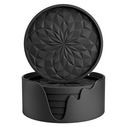 Picture of ME.FAN Silicone Coasters [6 Pack] Coasters with Holder - Drinking Coasters - Cup Mat for Drinks - Live for Hot or Cold Drink Thickened, Non-Slip, Non-Stick, Deep Tray Black