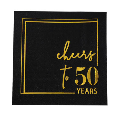 Picture of Cheers to Years Cocktail Napkins - 50PK - 3-Ply Birthday Napkins 5x5 Inches Disposable Party Napkins Paper Beverage Napkins for Birthday Decorations Wedding Anniversary Black and Gold (50 Years)