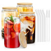 Picture of sungwoo 4PCS Glass Cups with Bamboo Lids and Straws, 16OZ Ice Coffee Cup, Drinking Cup set with Wooden Lids, Home Essential Glass Tumblers for Beer, Cocktail, Tea and Latte Clear