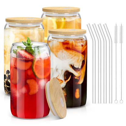 Picture of sungwoo 4PCS Glass Cups with Bamboo Lids and Straws, 16OZ Ice Coffee Cup, Drinking Cup set with Wooden Lids, Home Essential Glass Tumblers for Beer, Cocktail, Tea and Latte Clear