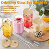 Picture of sungwoo 4PCS Glass Cups with Bamboo Lids and Straws, 16OZ Ice Coffee Cup, Drinking Cup set with Wooden Lids, Home Essential Glass Tumblers for Beer, Cocktail, Tea and Latte Clear