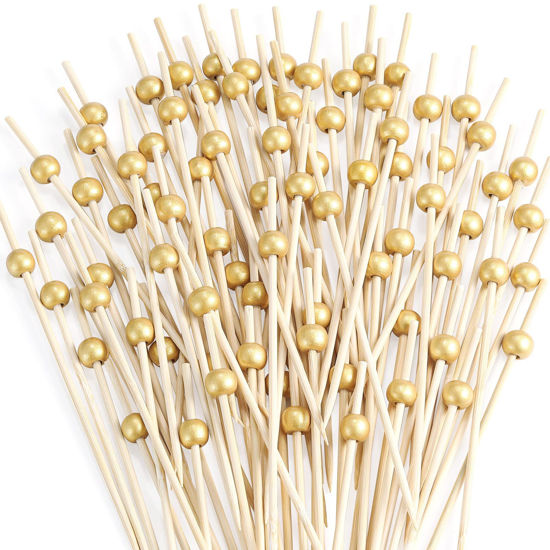 Picture of 200 Pcs Cocktail Picks, 4.7 Inch Toothpicks for Appetizers, Bamboo Cocktail Sticks Skewers for Drinks, Desserts, Charcuterie, Wedding Party Fancy Toothpicks, Gold Pearl Mini Food Picks Decorative