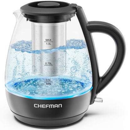 Picture of Chefman Electric Kettle with Tea Infuser, 1L 1500W, Removable Lid for Easy Cleaning, Boil-Dry Protection, Stainless Steel Filter, BPA Free, Auto Shut Off Hot Water Boiler, Small Electric Tea Kettle