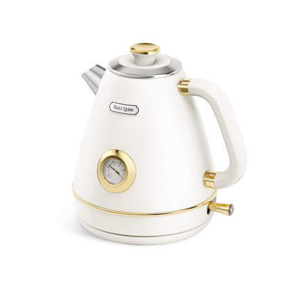Picture of Hazel Quinn Retro Electric Kettle - 1.7 Liters / 57.5 Ounces Tea Kettle with Thermometer, All Stainless Steel, 1200 Watts Fast Boiling, BPA-free, Cordless, Automatic Shut Off - Pearl White