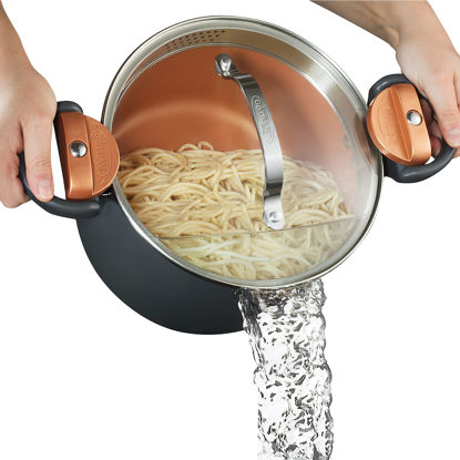 Picture of GOTHAM STEEL 5 Qt Ceramic Stock Pot Multipurpose Pasta Pot with Strainer Lid & Twist and Lock Handles, Nonstick Ceramic Pot for Soup, Spaghetti, Rice, Pots for Kitchen, Dishwasher Safe - Copper