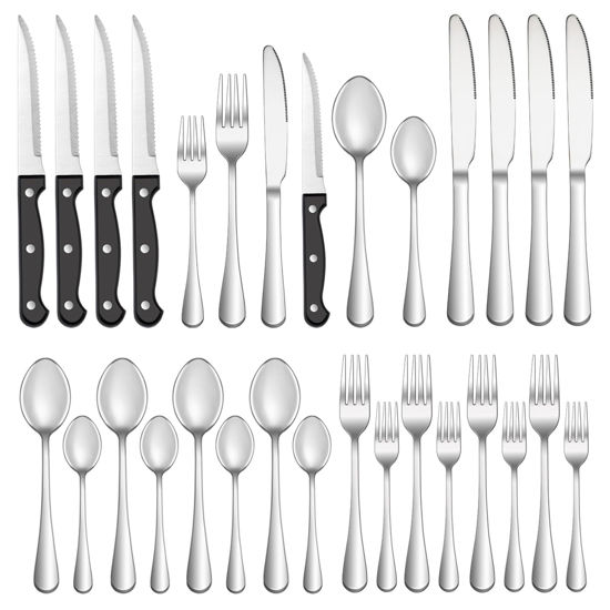 Picture of 24 Pcs Silverware Set with Steak Knives Service for 4,Stainless Steel Flatware Set,Mirror Polished Cutlery Utensil Set,Home Kitchen Eating Tableware Set,Include Fork Knife Spoon Set,Dishwasher Safe