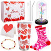 Picture of CAKKA Valentines Day Gifts for Her, 8 PCS Romantic Gift Set Includes 20 oz Tumbler with Lid Straw Brush Rose Flower Socks Bracelet Thanks Card Gift Box