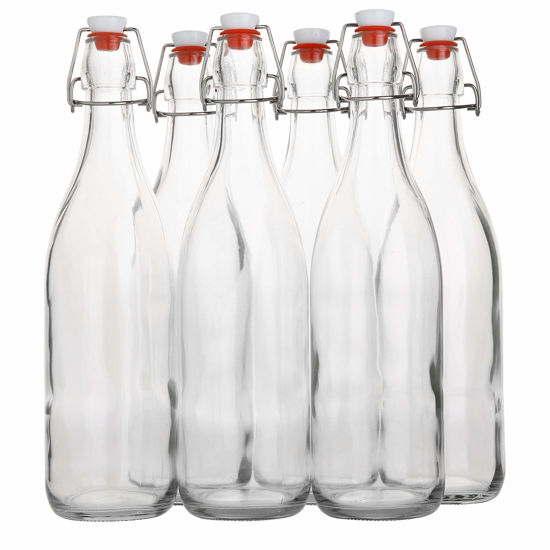 Picture of Flip Top Glass Bottle [1 Liter / 33 fl. oz.] [Pack of 6] - Swing Brewing with Stopper for Beverages, Oil, Vinegar, Kombucha, Beer, Water, Soda, Kefir Airtight Lid & Leak Proof Cap Clear