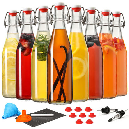 Picture of 8 Set, 16 OZ Swing Top Glass Bottles - Flip Top Beer Brewing Bottles with Stopper for 2nd Fermentation, Kombucha, Mead Kefir, Vanilla Extract, Juice, Tea, Wine - Airtight Cap Lids, Bonus 2 Pourers