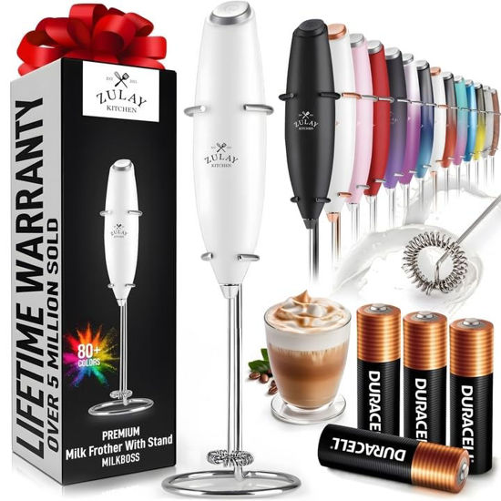 Picture of Zulay Powerful Milk Frother (4 Duracell Batteries Included) - Handheld Milk Frother Wand Drink Mixer for Coffee - Powerful Milk Foamer for Cappuccino, Frappe, Matcha & Creamer - White