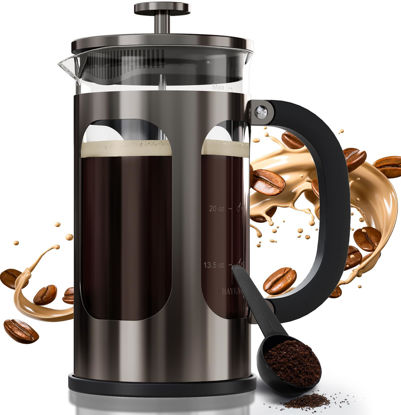 Picture of BAYKA 34 Ounce 1 Liter French Press Coffee Maker, Heat Resistant Thickened Borosilicate Glass Stainless Steel Brewer, Cold Brew Cafetera Teapot for Kitchen Travel Camping, Dark Pewter