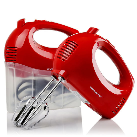 Picture of OVENTE Portable 5 Speed Mixing Electric Hand Mixer with Stainless Steel Whisk Beater Attachments & Snap Storage Case, Compact Lightweight 150 Watt Powerful Blender for Baking & Cooking, Red HM151R