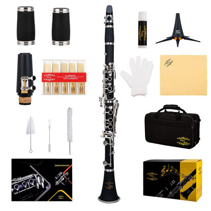 Picture of Glory GLY-PBK Professional Ebonite Bb Clarinet with 10 Reeds, Stand, Hard Case, Cleaning Cloth, Cork Grease, Mouthpiece Brush and Pad Brush, Black