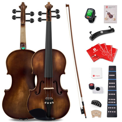 Picture of Vangoa Violin 4/4 Full Size Set, Varnish Fiddle Solid Wood for Professional Adults Senior Intermediate Beginners Student Starter Acoustic Violins Kit Outfit with Ebony Fitted, Hard Case, Right Handed