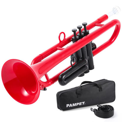 Picture of PAMPET Professional Plastic Bb Trumpet Standard Trumpet Set for Student Beginner With 7C Mouthpiece and 3C Mouthpiece, Bb Trumpet Instrument, Red