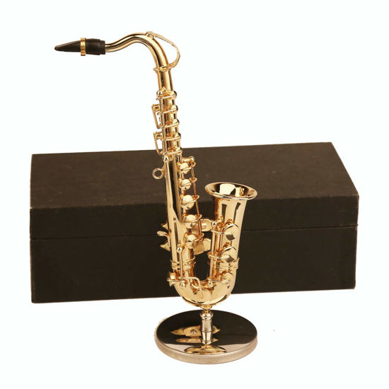 Picture of Dselvgvu Miniature Saxophone with Stand and Case Brass Mini Musical Instrument Replica Collectible Figurines Model Home Decoration Ornament (Tenor Saxophone, 5.24"x2.76"x0.89")
