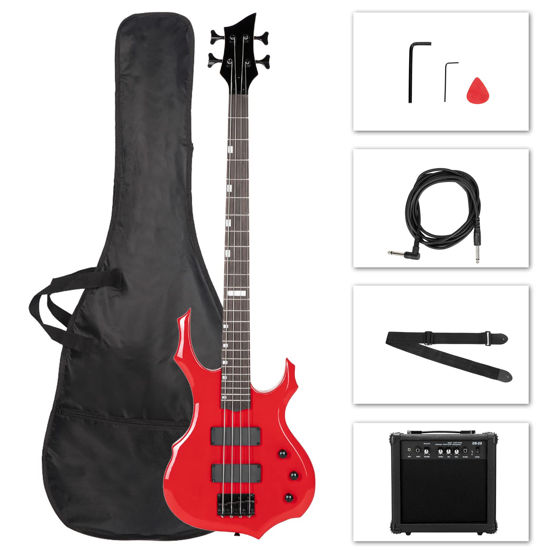 Picture of Ktaxon Electric Bass Guitar Full Size Flame Design Bass Set with 20 Watt Amplifier, Portable Bass Bag, Superior Amp Wire, Adjustable Guitar Strap, Plectrum, Wrench Tool(Red)