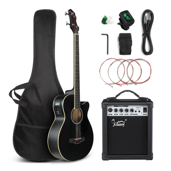 Picture of GLARRY Full Size Acoustic Electric Bass Guitar Beginner Kit w/ 15W Amp, Cutaway 4 Strings Electric Acoustic Bass Guitar w/Inbuilt Tuner, Bag, Strap, Picks, Strings, Bass Guitarra，Matte Black