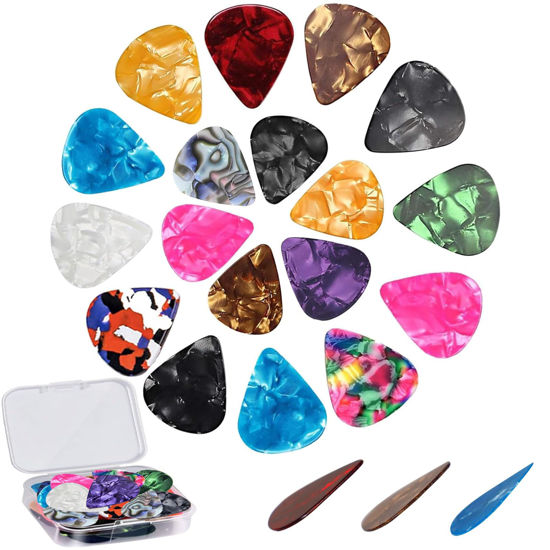 Picture of 21 Pack Guitar Picks with Organizer Storage Box, 3 Different Thickness Colorful Celluloid Guitar Picks Plectrums for Acoustic Guitar, Electric Guitar, Bass, Ukulele