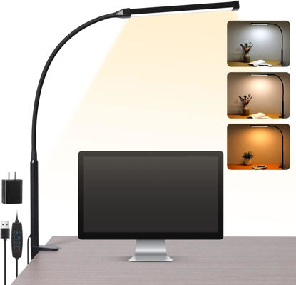 Picture of Voncerus LED Desk lamp with Clamp, Eye-Caring Clip on Lights for Home Office, 3 Modes 10 Brightness, Long Flexible Gooseneck,Metal, Swing Arm Architect Task Table Lamps with USB Adapter, Black