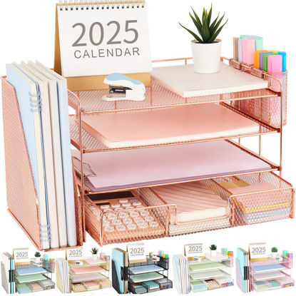 Picture of gianotter Paper Letter Tray Organizer with File Holder, 4-Tier Desk Accessories & Workspace Desk Organizers with Drawer and 2 Pen Holder for Office Supplies (Rose Gold)