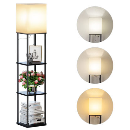 Picture of SUNMORY Floor Lamp with Shelves, Modern Square Standing Lamp with 3 Color Temperature Bulb, Corner Display Bookshelf Lamp for Living Room and Bedroom(Black)