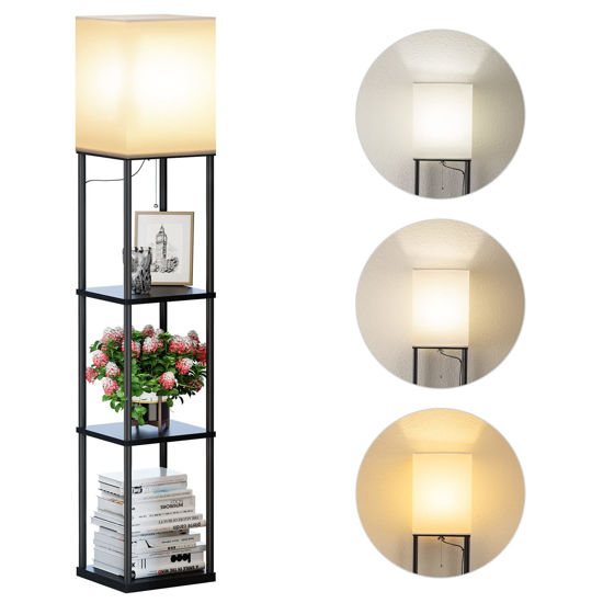 Picture of SUNMORY Floor Lamp with Shelves, Modern Square Standing Lamp with 3 Color Temperature Bulb, Corner Display Bookshelf Lamp for Living Room and Bedroom(Black)