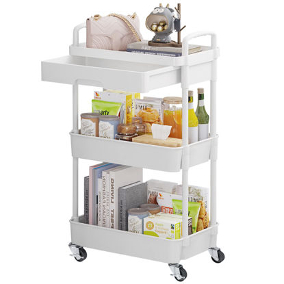 Picture of Calmootey 3-Tier Rolling Utility Cart with Drawer,Multifunctional Storage Organizer with Plastic Shelf & Metal Wheels,Storage Cart for Kitchen,Bathroom,Living Room,Office,White