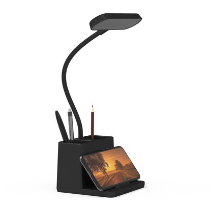 Picture of AXX Black LED Desk Lamp for Home Office Bedroom, Battery Operated Table Light for Computer Desktop, Small, Cute, Dimmable, Rechargeable, Flexible Gooseneck, Pen Holder, Phone Mount, Touch Control