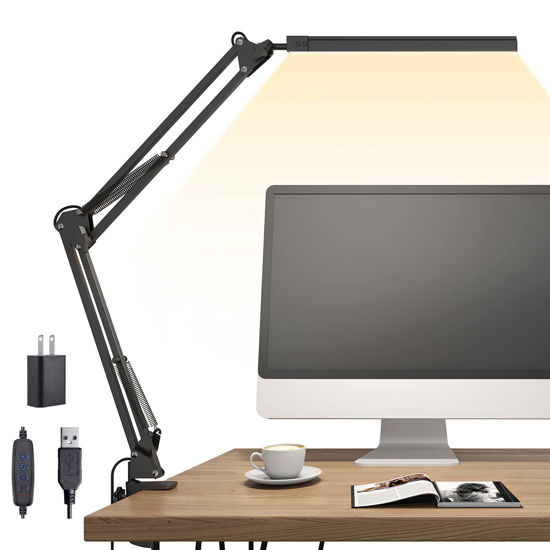 Picture of TROPICALTREE LED Desk Lamp, Swing Arm Desk Light with Clamp, 3 Lighting 10 Brightness Eye-Caring Modes, Reading Desk Lamps for Home Office 360°Spin with USB Adapter & Memory Function black-14W