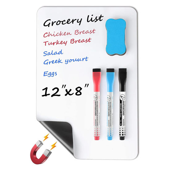 Picture of MaxGear Small Magnetic Dry Erase Board Sheet for Refrigerator, Fridge Whiteboard for Kitchen, 12" x 8" White Board Organizer and Planner with Stain Resistant Technology, Include 1 Eraser, 3 Markers